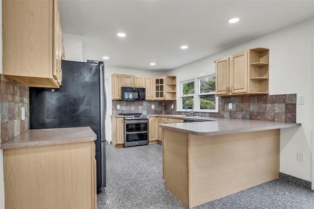 3 Russet Ln, Lake Grove, NY 11755 - kitchen with double oven range, open shelves, freestanding refrigerator, and light brown cabinets