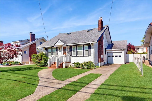 bungalow-style house featuring concrete driveway, roof with shingles, a chimney, and an attached garage