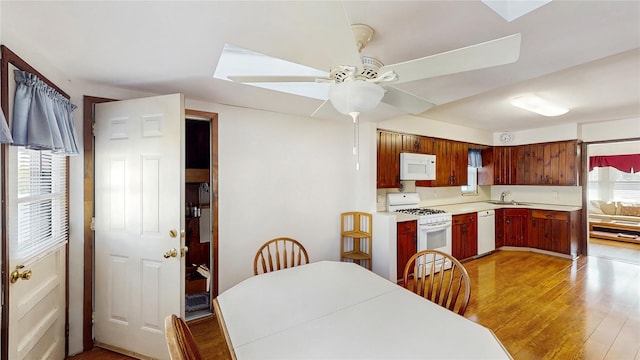 dining area with ceiling fan, light wood-style flooring, and a skylight
