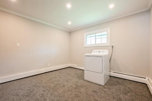59 Springtime Ln S, Levittown, NY 11756 - washroom featuring washer / clothes dryer, ornamental molding, carpet floors, a baseboard heating unit, and recessed lighting
