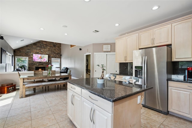 4 Millennium Ct, Bohemia, NY 11716 - kitchen featuring stainless steel refrigerator with ice dispenser, lofted ceiling, a kitchen island, light brown cabinetry, and recessed lighting