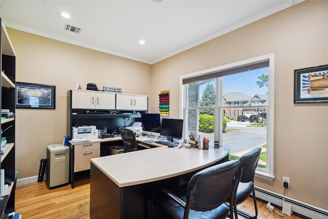 4 Millennium Ct, Bohemia, NY 11716 - office featuring a baseboard heating unit, crown molding, light wood-style floors, recessed lighting, and baseboards