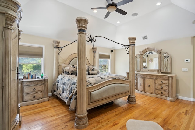 4 Millennium Ct, Bohemia, NY 11716 - bedroom with light wood-style floors, vaulted ceiling, a ceiling fan, baseboards, and recessed lighting