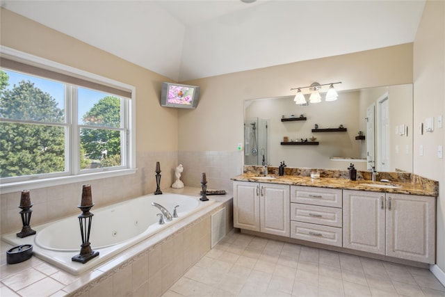 4 Millennium Ct, Bohemia, NY 11716 - full bath with a tub with jets, double vanity, a shower stall, tile patterned floors, and lofted ceiling