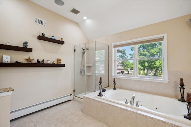4 Millennium Ct, Bohemia, NY 11716 - bathroom featuring baseboard heating, a tub with jets, a stall shower, vaulted ceiling, and tile patterned floors