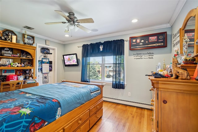 4 Millennium Ct, Bohemia, NY 11716 - bedroom with baseboard heating, crown molding, light wood-style flooring, recessed lighting, and a ceiling fan