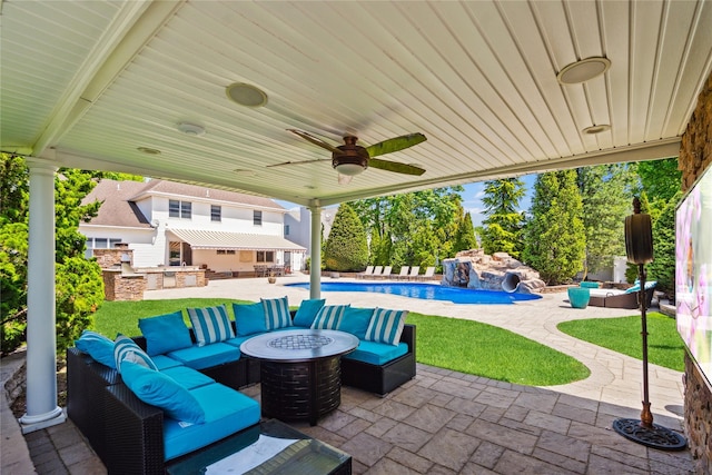 4 Millennium Ct, Bohemia, NY 11716 - view of patio featuring an outdoor living space with a fire pit, an outdoor pool, exterior kitchen, and a ceiling fan
