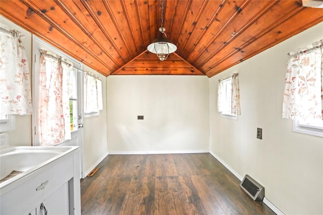 laundry room featuring a healthy amount of sunlight, wood ceiling, dark wood-style floors, and visible vents