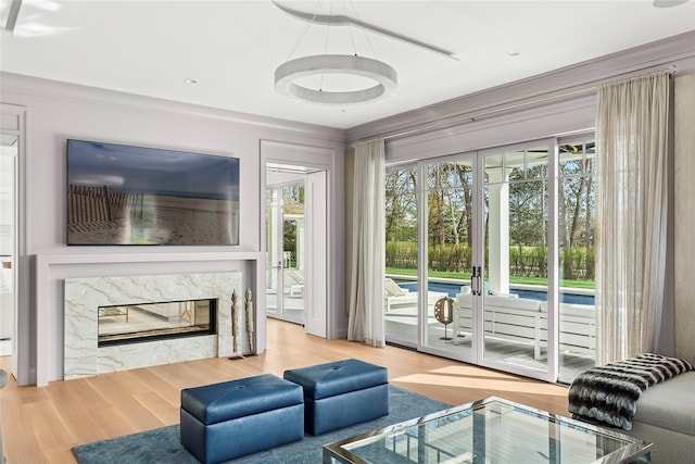 171 Oneck Ln, Westhampton Beach, NY 11978 - living room featuring a premium fireplace and wood finished floors