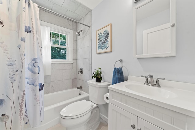 full bathroom featuring shower / bath combination with curtain, toilet, and vanity