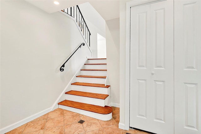 22 Chauncey St, Tuckahoe, NY 10707 - staircase with baseboards, tile patterned flooring, and recessed lighting