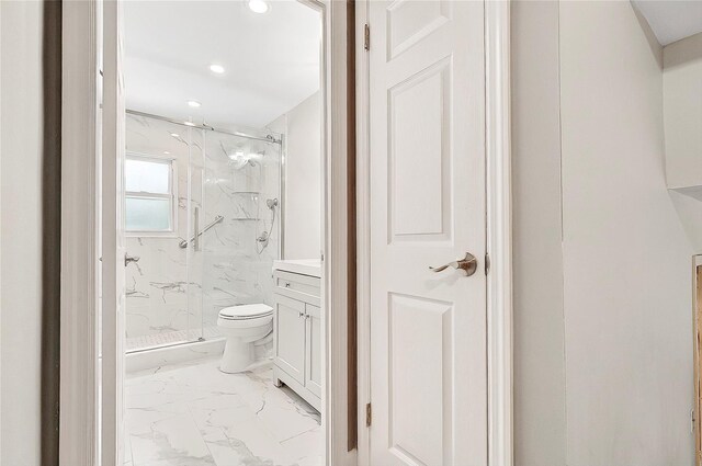 22 Chauncey St, Tuckahoe, NY 10707 - bathroom featuring marble finish flooring, toilet, a marble finish shower, recessed lighting, and vanity