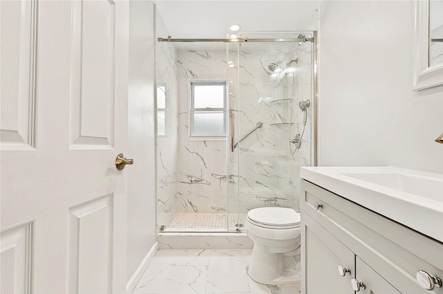 22 Chauncey St, Tuckahoe, NY 10707 - bathroom with toilet, marble look tile flooring, a marble finish shower, vanity, and baseboards