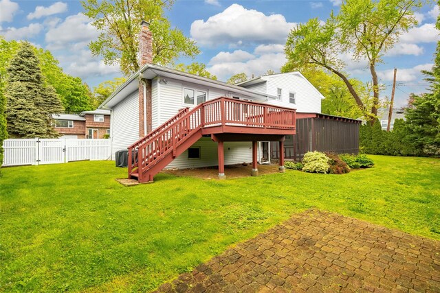 22 Chauncey St, Tuckahoe, NY 10707 - back of house featuring a deck, a gate, a chimney, stairway, and central air condition unit