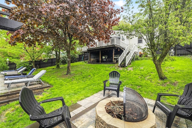 46 Quaker Hill Rd, Monroe, NY 10950 - view of yard with an outdoor fire pit, a deck, stairway, a fenced backyard, and a patio area