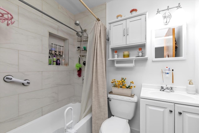 bathroom featuring toilet, vanity, and shower / bath combination with curtain