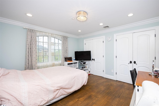 bedroom with multiple closets, dark wood-style floors, recessed lighting, ornamental molding, and baseboards