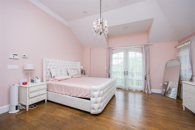 bedroom with vaulted ceiling, dark wood finished floors, a chandelier, baseboards, and crown molding