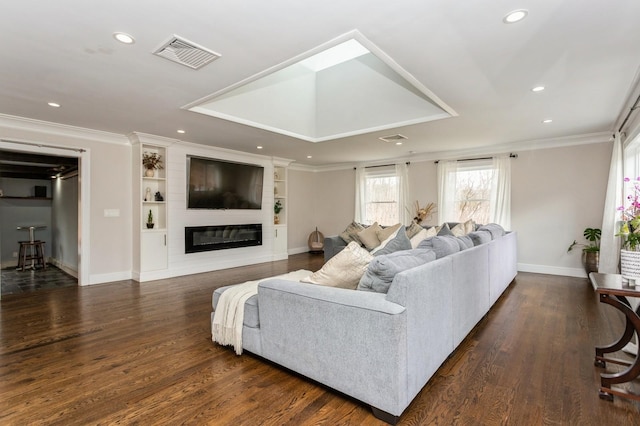 living room featuring a fireplace, visible vents, baseboards, ornamental molding, and recessed lighting