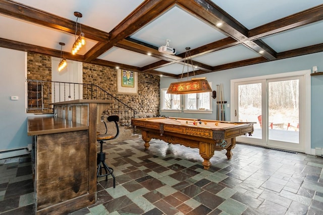 playroom with coffered ceiling, a baseboard radiator, pool table, and beamed ceiling