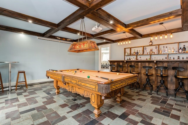 rec room featuring coffered ceiling, pool table, beamed ceiling, and indoor bar