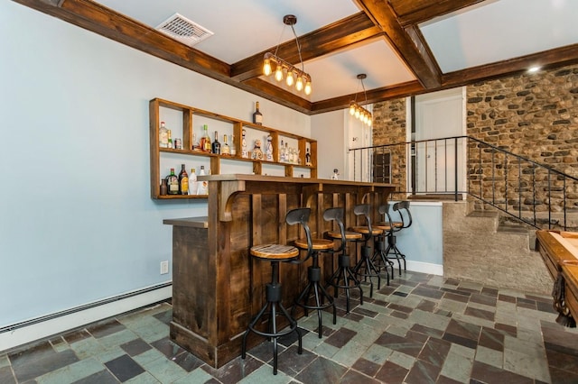 bar featuring coffered ceiling, indoor bar, visible vents, baseboard heating, and beamed ceiling