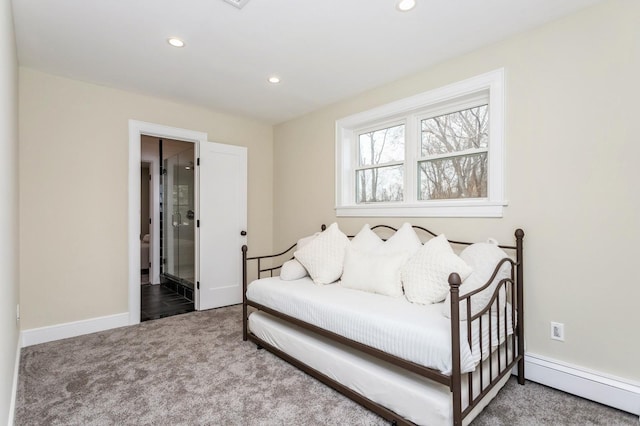 bedroom with baseboards, a baseboard radiator, recessed lighting, and carpet floors