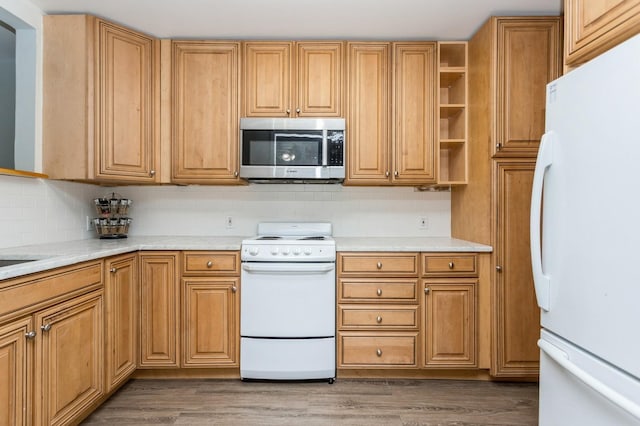 kitchen with open shelves, white appliances, decorative backsplash, and dark wood-type flooring