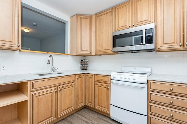 kitchen with decorative backsplash, open shelves, electric stove, and stainless steel microwave