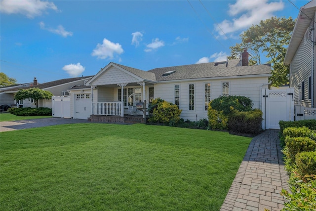 311 Atlantic, Massapequa Park, NY 11762 - ranch-style house featuring a gate, covered porch, asphalt driveway, an attached garage, and a chimney