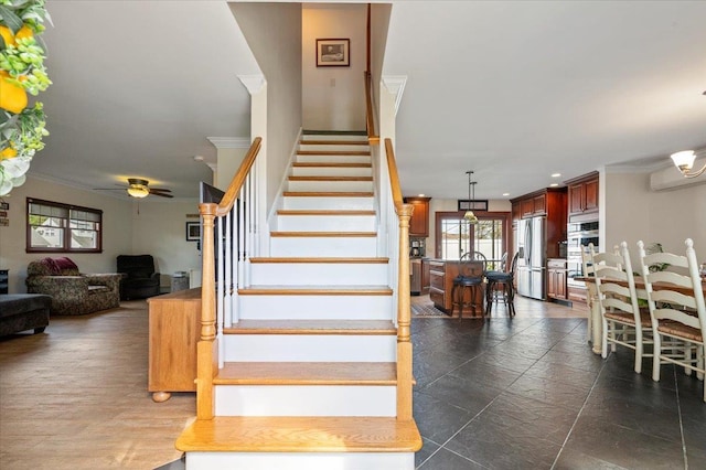 340 Martin Pl, Bethpage, NY 11714 - stairway featuring ornamental molding, a ceiling fan, and recessed lighting