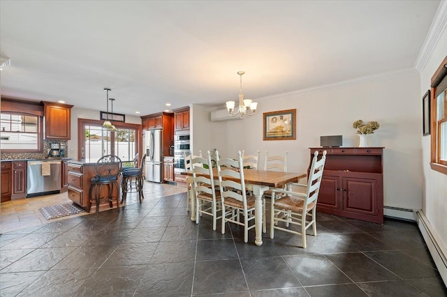 340 Martin Pl, Bethpage, NY 11714 - dining area with a chandelier, baseboards, crown molding, stone tile floors, and recessed lighting