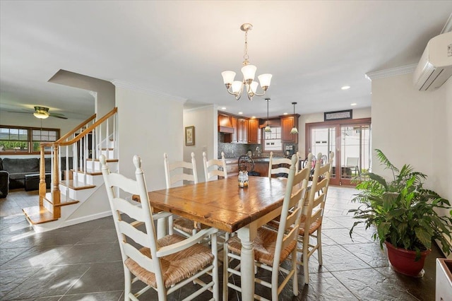 340 Martin Pl, Bethpage, NY 11714 - dining space with healthy amount of natural light, an AC wall unit, crown molding, a chandelier, and ceiling fan