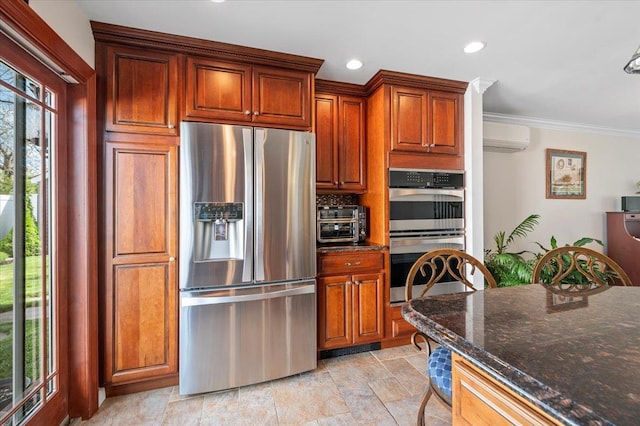 340 Martin Pl, Bethpage, NY 11714 - kitchen featuring stainless steel appliances, ornamental molding, dark stone countertops, a wall unit AC, and recessed lighting