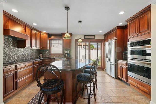 340 Martin Pl, Bethpage, NY 11714 - kitchen with stainless steel appliances, premium range hood, stone tile flooring, backsplash, and a kitchen bar