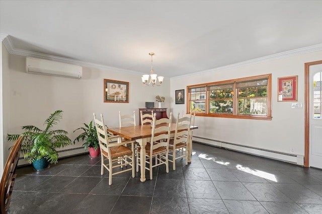 340 Martin Pl, Bethpage, NY 11714 - dining room with baseboard heating, an AC wall unit, healthy amount of natural light, ornamental molding, and a chandelier