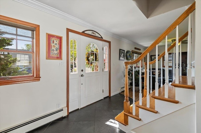 340 Martin Pl, Bethpage, NY 11714 - entrance foyer with baseboard heating, stairs, crown molding, and baseboards