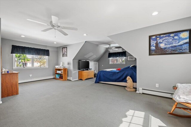340 Martin Pl, Bethpage, NY 11714 - carpeted bedroom featuring a baseboard heating unit, a baseboard radiator, a ceiling fan, recessed lighting, and baseboards