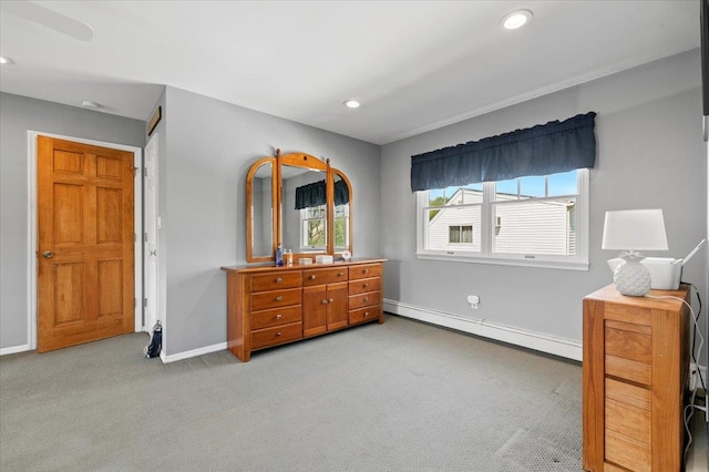 340 Martin Pl, Bethpage, NY 11714 - bedroom featuring a baseboard radiator, light colored carpet, baseboards, and recessed lighting