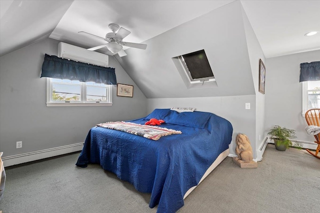 340 Martin Pl, Bethpage, NY 11714 - bedroom featuring baseboard heating, a wall mounted air conditioner, carpet flooring, lofted ceiling, and baseboards