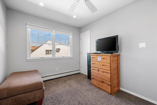 340 Martin Pl, Bethpage, NY 11714 - sitting room with baseboard heating, carpet, a ceiling fan, recessed lighting, and baseboards