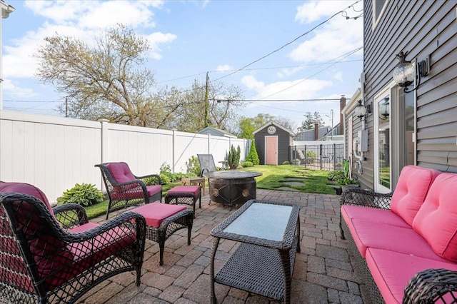 340 Martin Pl, Bethpage, NY 11714 - view of patio / terrace with a fenced backyard, outdoor lounge area, a shed, and an outdoor structure