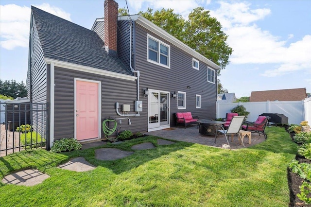 340 Martin Pl, Bethpage, NY 11714 - back of house featuring a patio area, an outdoor fire pit, a chimney, and roof with shingles