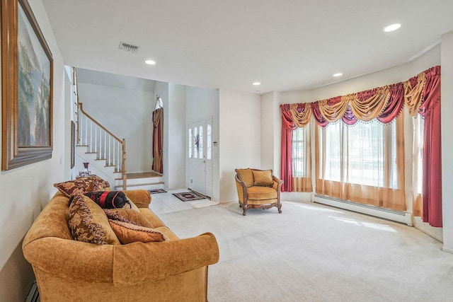 carpeted living area featuring a baseboard radiator, recessed lighting, and stairway