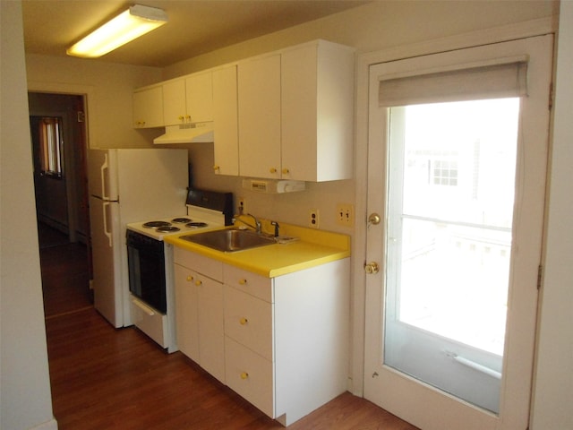 212 Wensley Ln, East Islip, NY 11730 - kitchen with range with electric stovetop, under cabinet range hood, a sink, wood finished floors, and light countertops