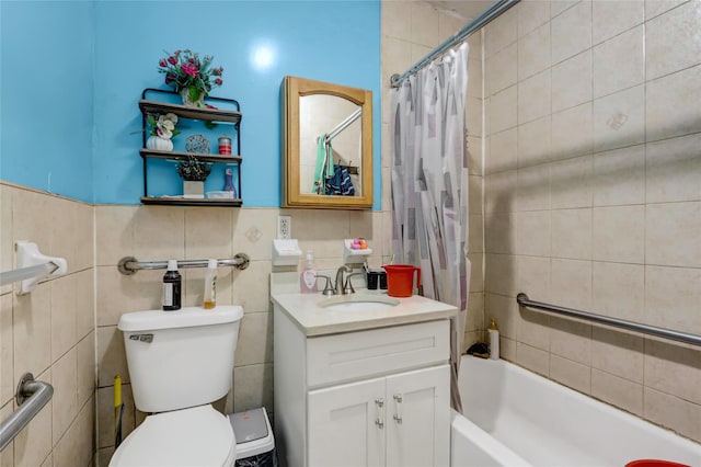 1934 Chatterton Ave, Bronx, NY 10472 - bathroom with shower / tub combo with curtain, toilet, vanity, and tile walls