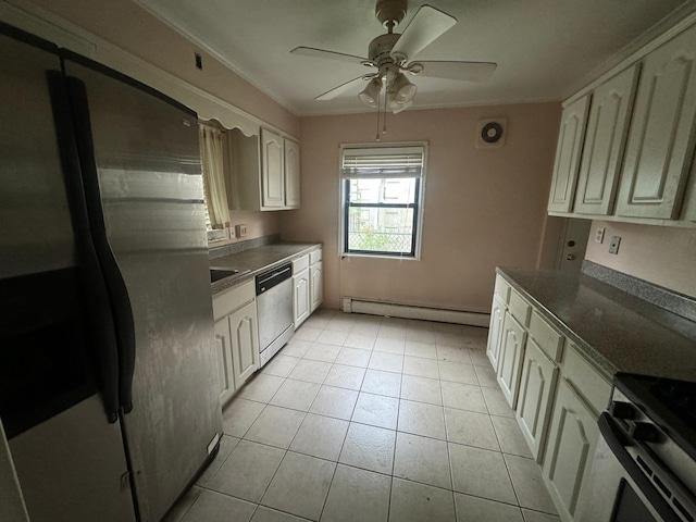 548 S 10th Ave, Mount Vernon, NY 10550 - kitchen with dark countertops, ceiling fan, a baseboard heating unit, appliances with stainless steel finishes, and ornamental molding