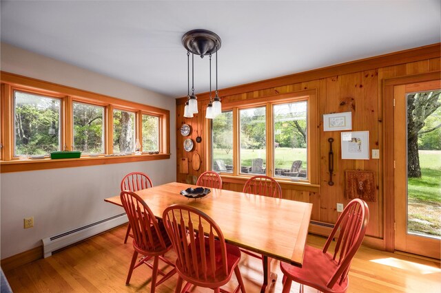 11 Louie Way, Woodstock, NY 12498 - dining area featuring a baseboard radiator, plenty of natural light, light wood-style flooring, and wooden walls