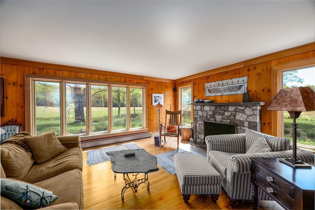 11 Louie Way, Woodstock, NY 12498 - living room featuring wooden walls, baseboard heating, a fireplace, and wood finished floors