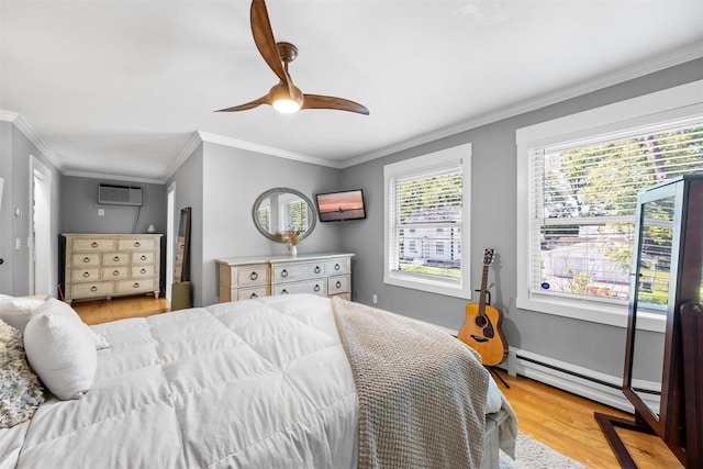 32 Lafayette Ave, Beacon, NY 12508 - bedroom featuring a baseboard heating unit, wood finished floors, a wall mounted air conditioner, crown molding, and ceiling fan